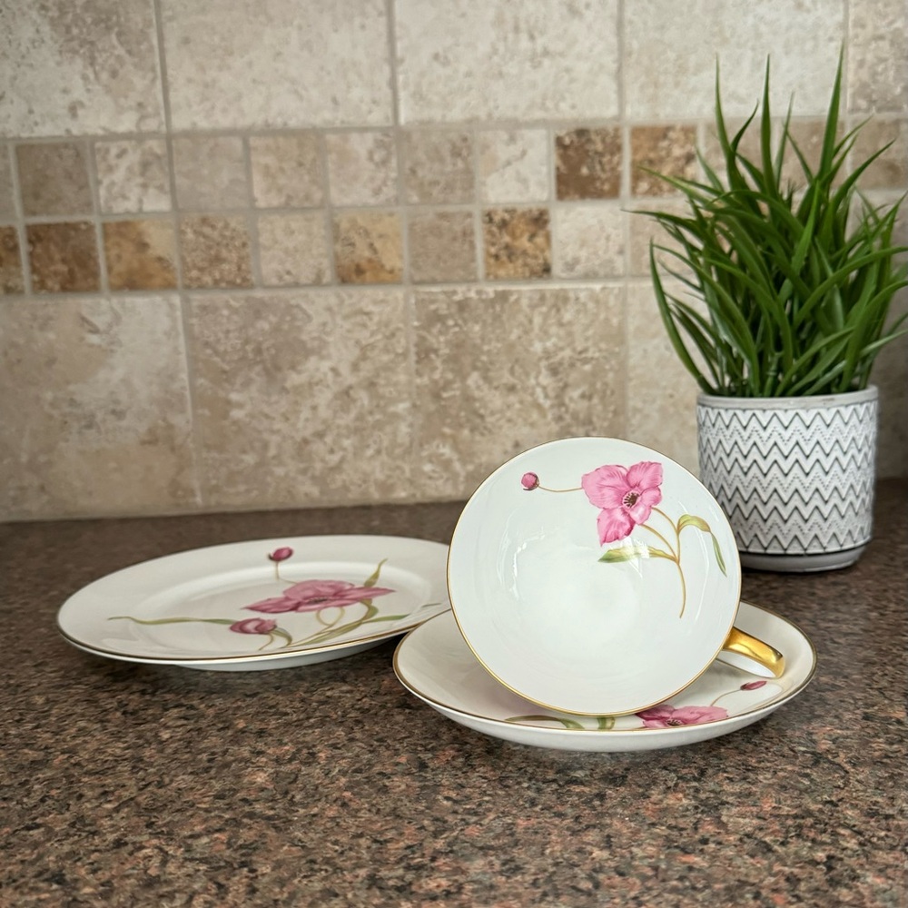 Vintage Rosenthal Germany Porcelain Tea Cup, Saucer, & Dessert Plate Pink Flower